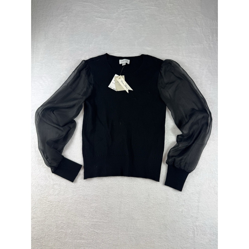 Carmen‎ Marc Valvo Sheer Sleeve Ribbed Knit Pullover Sweater Black M Whimsical